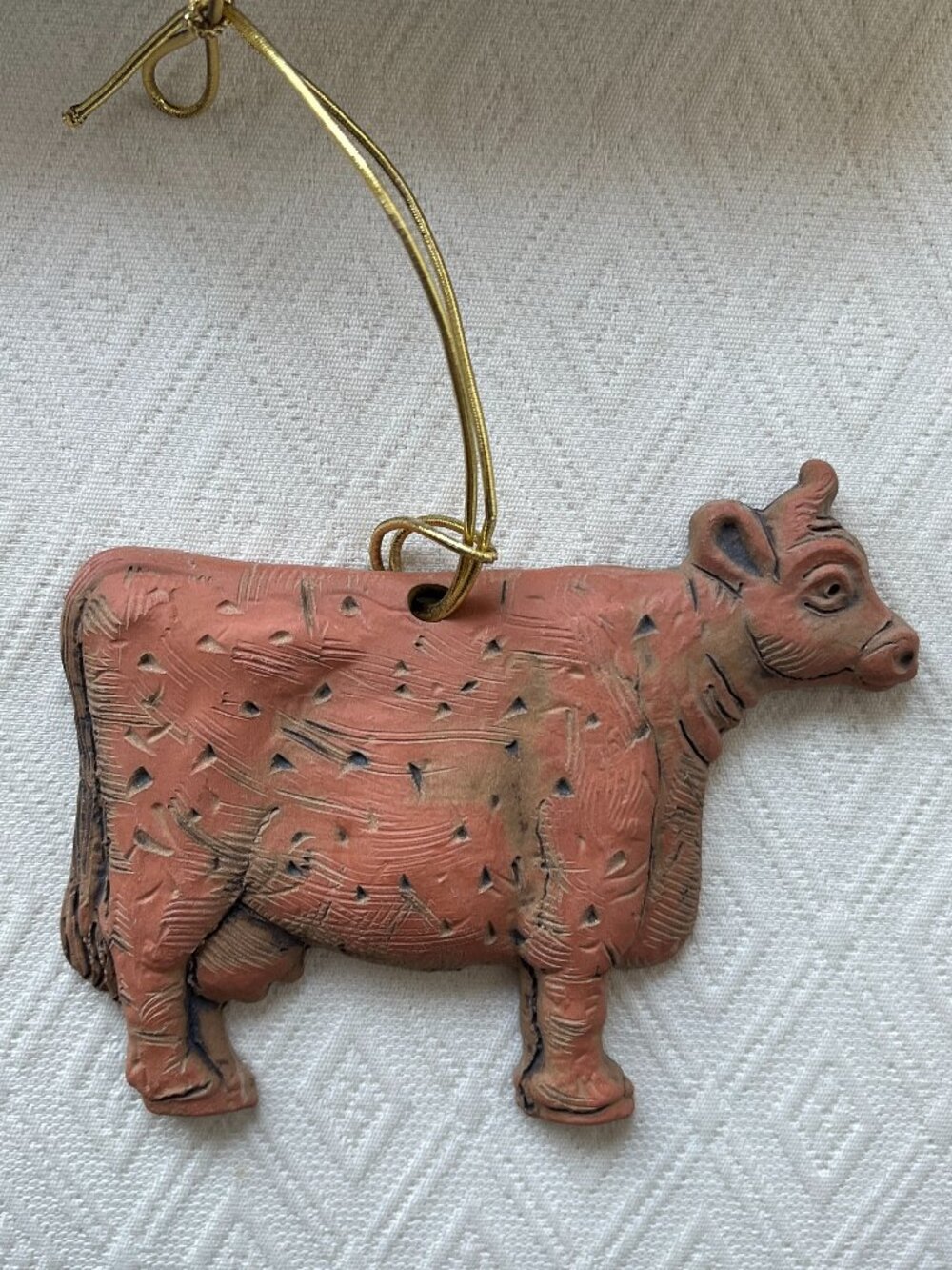 Shoestring Studios COW terracotta ceramic ornament handmade Vintage wall hanging